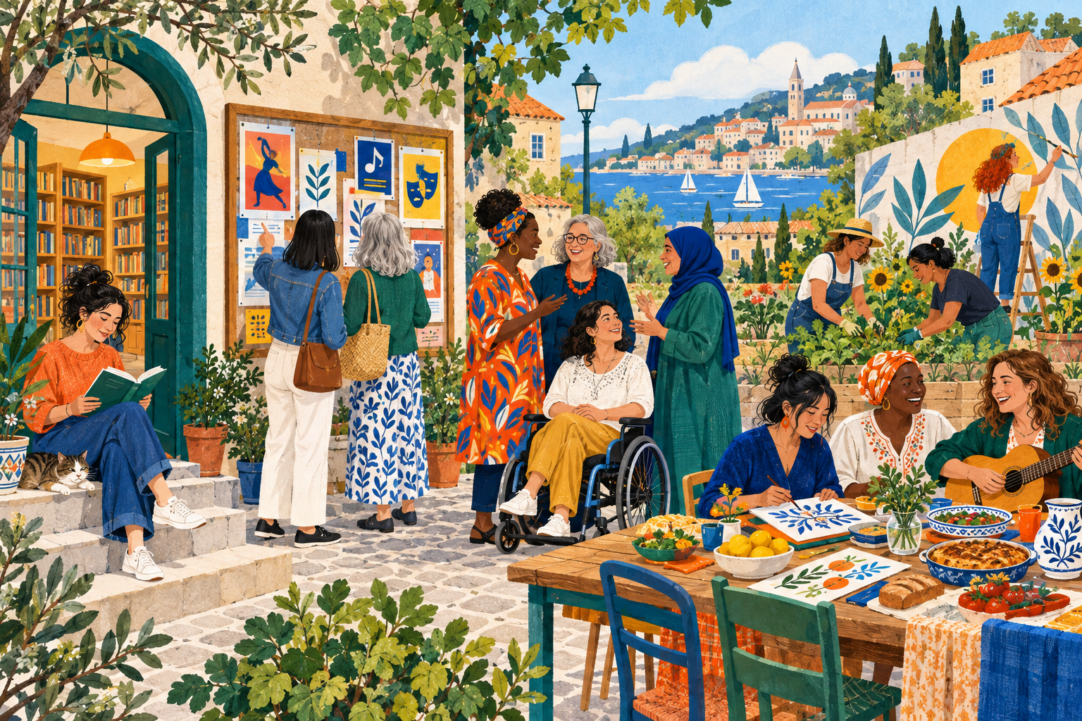 Illustration of women discovering a library, meeting people and sharing community activities.